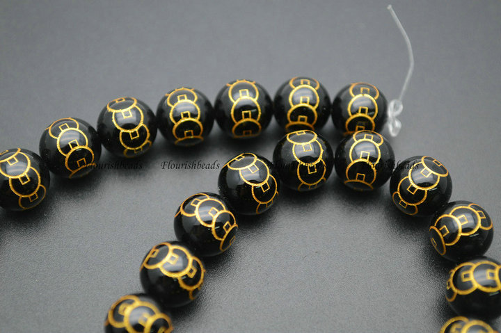 Gold color Money Coin Veins Black Agate Stone Round Loose Beads