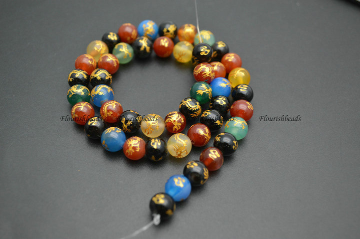 Multi Color 8mm Faceted Carved Gold Dragon Veins Agate Stone Round Loose Beads