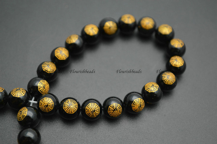 Gold color Gossip Veins Black Agate Stone Round Loose Beads