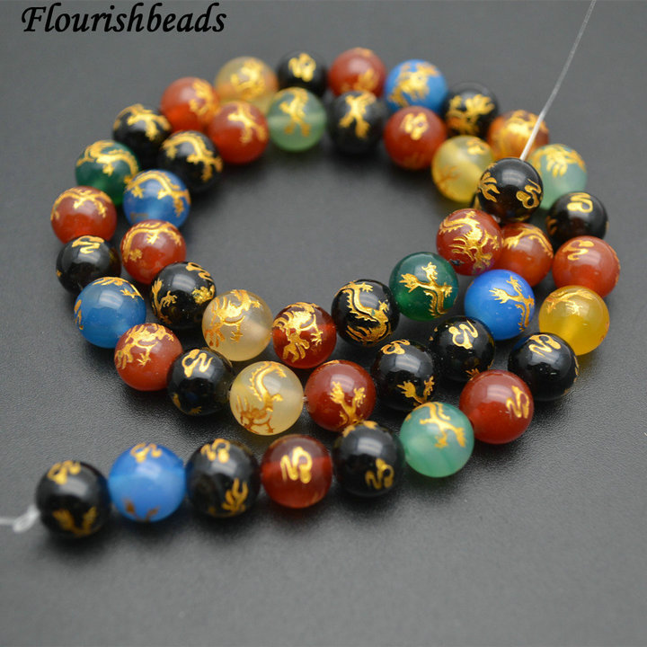 Multi Color 8mm Faceted Carved Gold Dragon Veins Agate Stone Round Loose Beads