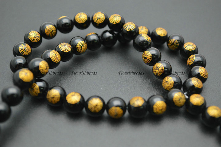 Gold color Gossip Veins Black Agate Stone Round Loose Beads