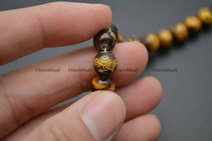 Carved Gold Dragon Veins Natural Tiger Eye Stone Round Loose Beads