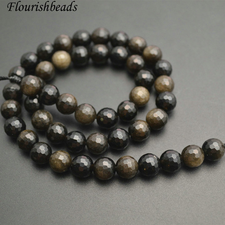 Faceted Gold Color Natural Obsidian Stone Round Loose Beads