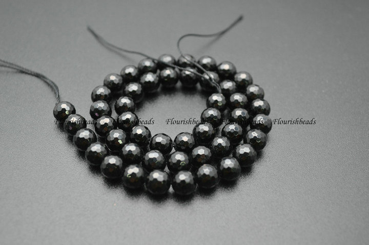 Faceted Natural Black Tourmaline Stone Round Beads