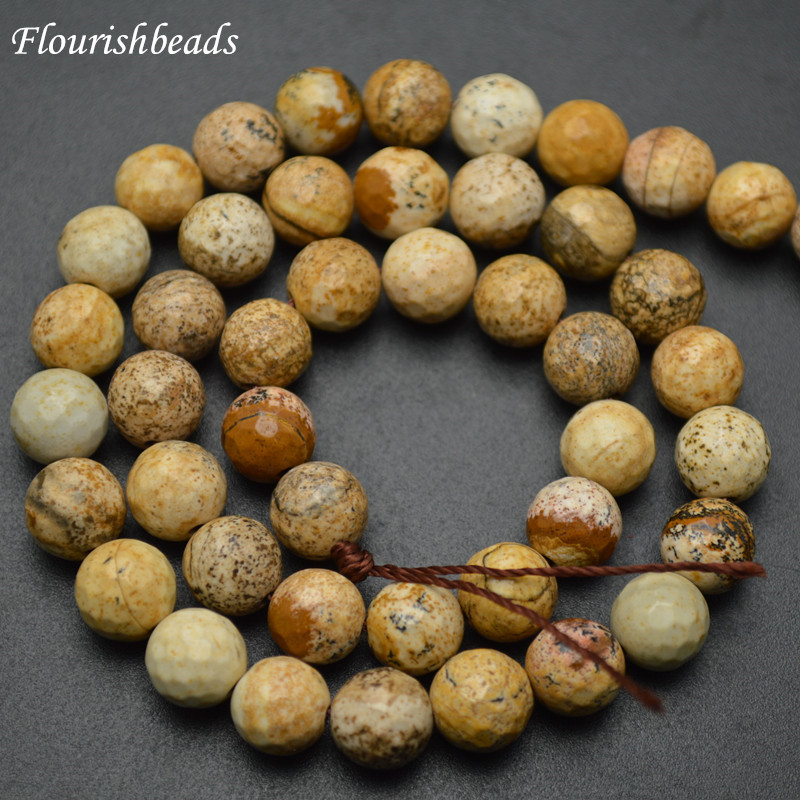 Faceted Natura Yellow Picture Jasper Stone Round Beads