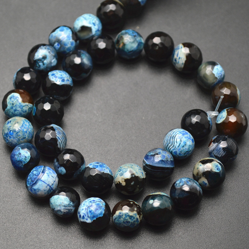 6mm 8mm 10mm Half Black Half Blue Faceted Fire Agate Stone Round Loose Beads