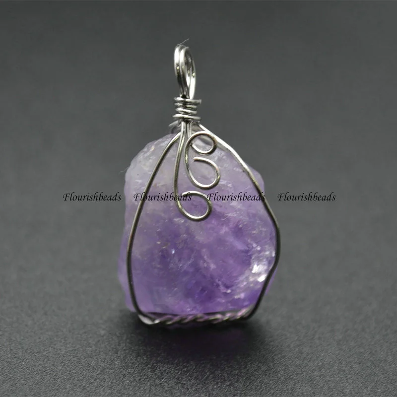 Wire Wrapped Nutural Amethyst Rough Freeform Nugget  Pendant  Crystal Healing Jewelry