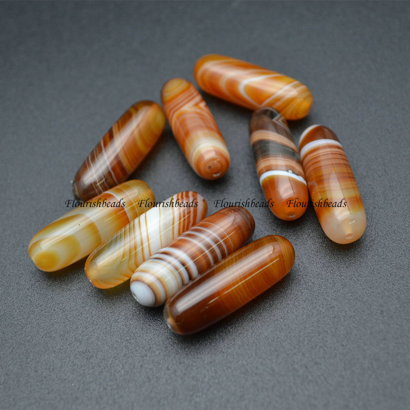 High Quality 10x30mm Banded Bright Yellow Agate Dzi Tube Sardonyx Gemstone Beads