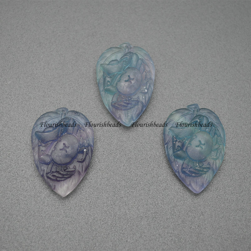 Fluorite Stone Carved Leaf Shape DIY Necklace Pendant