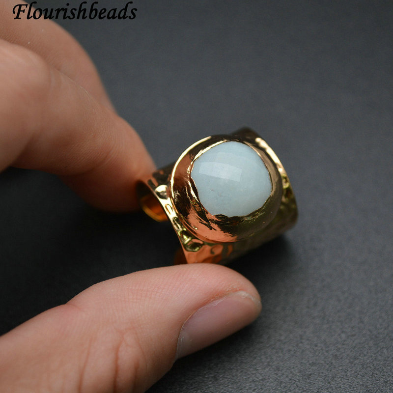 Faceted Natural Amazonite Cabochon Width 20mm Golden Electroplating Copper Adjustable Band Ring