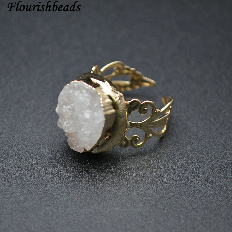 Natural Free Form Druzy Crystal Quartz Gold Plating Hollow Out Adjustable Circle Rings