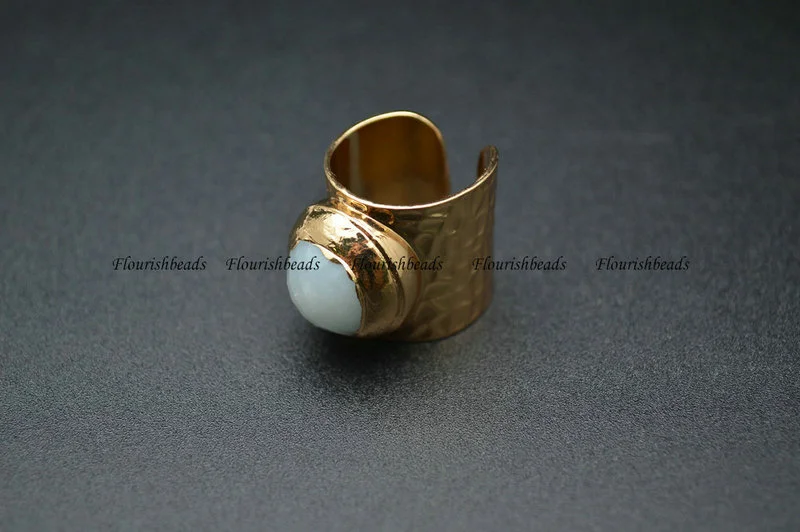 Faceted Natural Amazonite Cabochon Width 20mm Golden Electroplating Copper Adjustable Band Ring