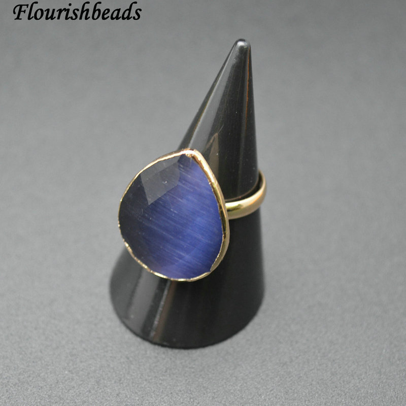 Nucleated Multic Colors Cat Eye Stone Faceted Tear Drop Gold Plating Adjustable Rings