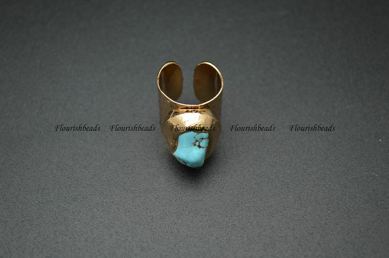 Nugget Natural Blue Turquoise Cabochon Width 20mm Golden Electroplating Copper Adjustable Band Ring