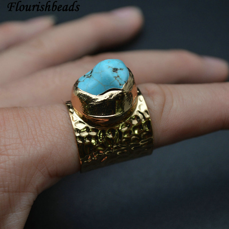 Nugget Natural Blue Turquoise Cabochon Width 20mm Golden Electroplating Copper Adjustable Band Ring