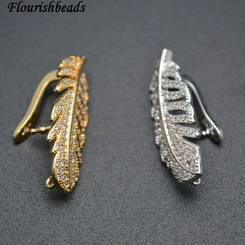 Anti-fade Rhodium Gold Electroplate Copper Paved CZ Leaf Shape Connecter Clasp