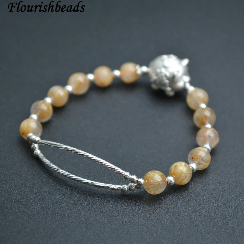 6mm Round Gold Rutilated Quartz Beads Chinese Silver Lucky Pig Bracelet