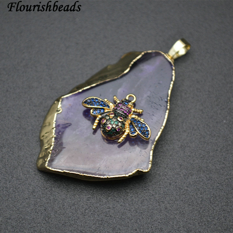 Gold plating CZ Bee Setting Natural Amethyst Leaf Shape Big Size Pendant