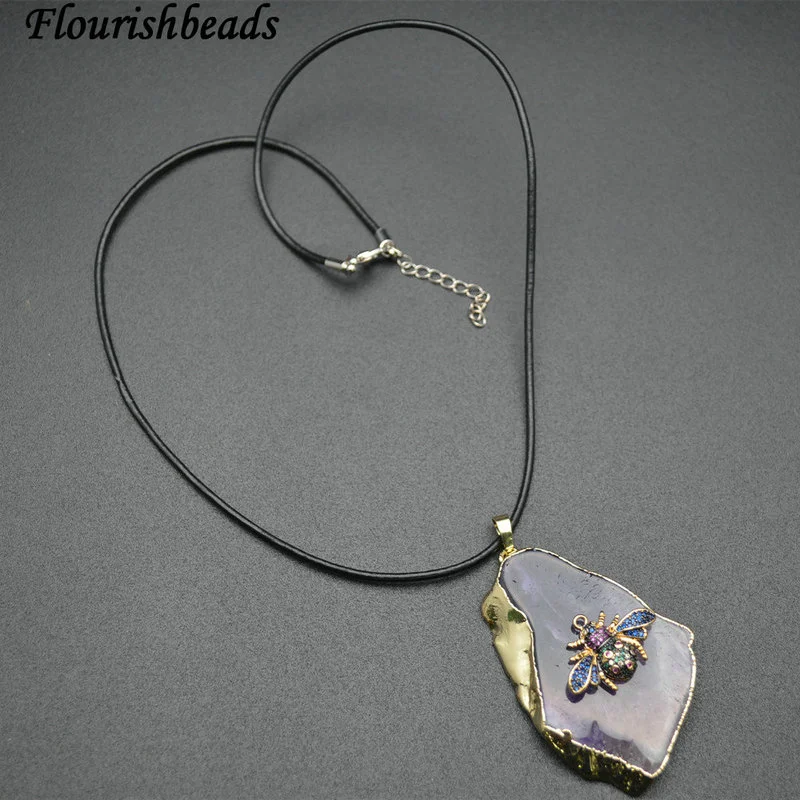 Natural Amethyst Leaf Shape Paved Golden Electroplating CZ Bee Fashion Jewelry Necklace