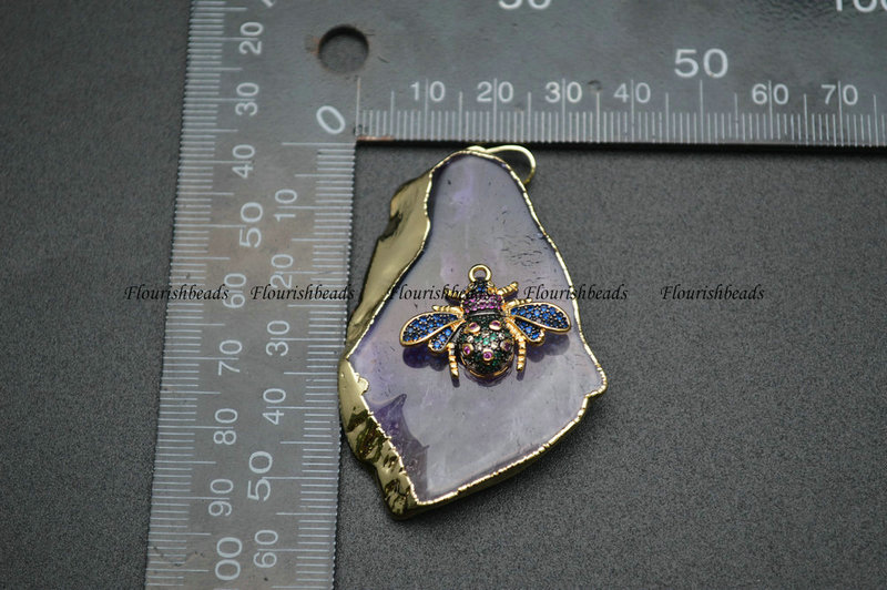 Gold plating CZ Bee Setting Natural Amethyst Leaf Shape Big Size Pendant