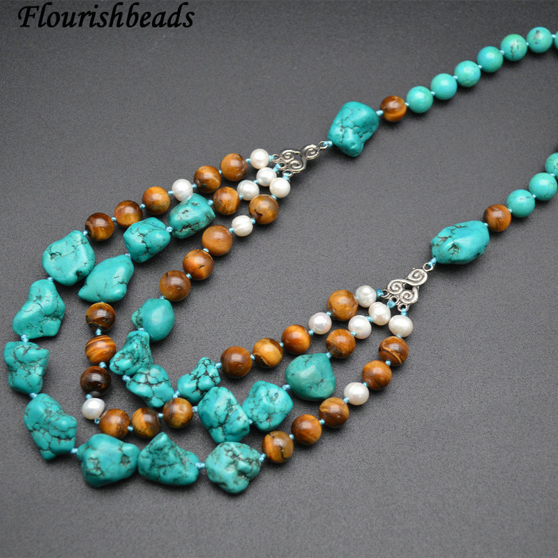 Natural Free Fromed Turquoise Round Tiger Eye Stone White Pearl Beads Necklace