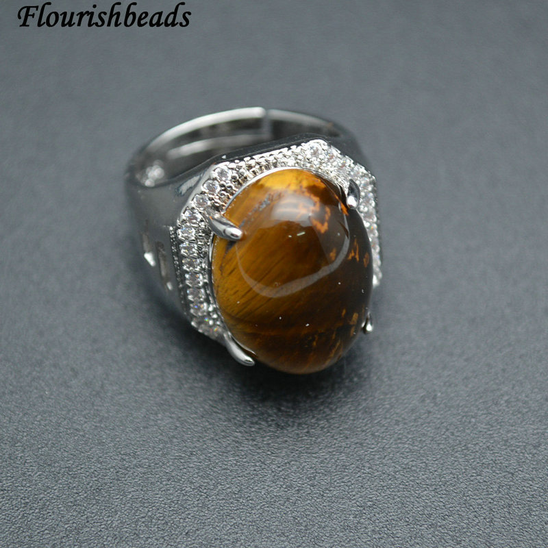 Natural Nucleated Tiger Eye Puff Cabochon Setting CZ Adjustable Ring