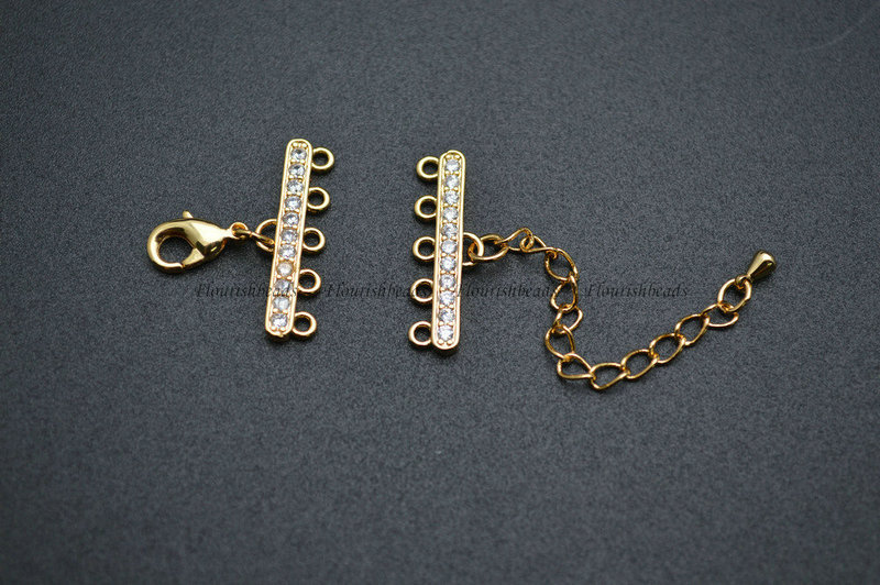 Gun Metal Gold Rhodium Plating Copper Paved CZ with 5 Loops Lobster Chain Connecter Clasps