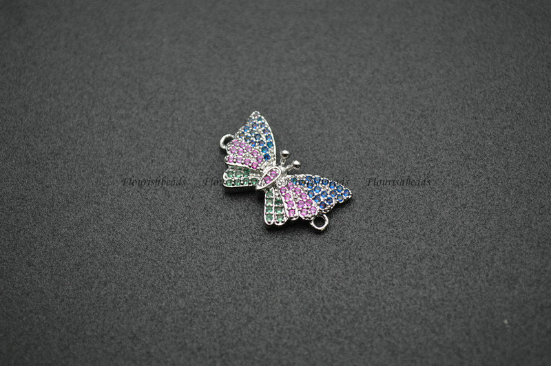Butterfly Rhodium Plating Copper Paved CZ 2 Loops Connecter Charms DIY Jewelry Making