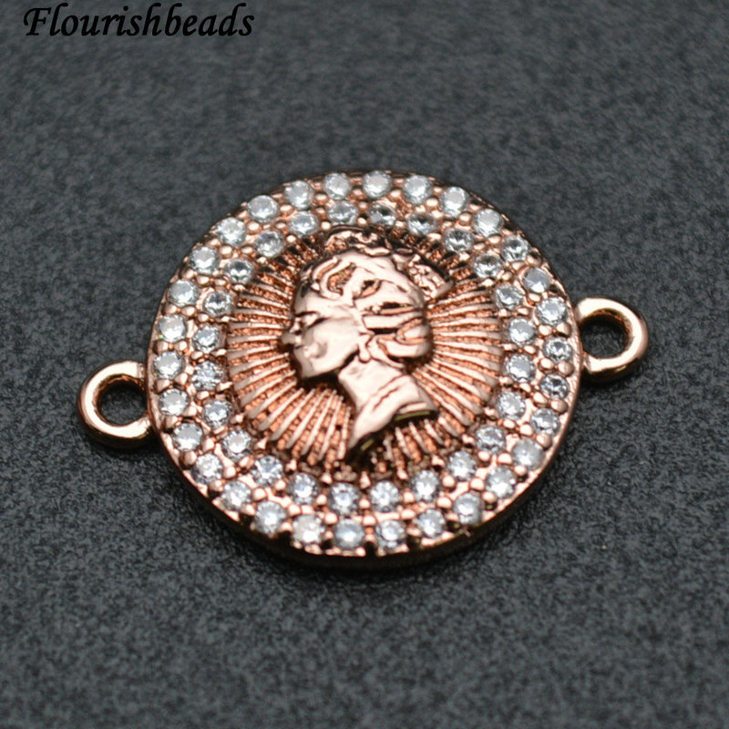 Lady Head Metal Plating Copper Paved CZ with 2 Loops Connecter Charms