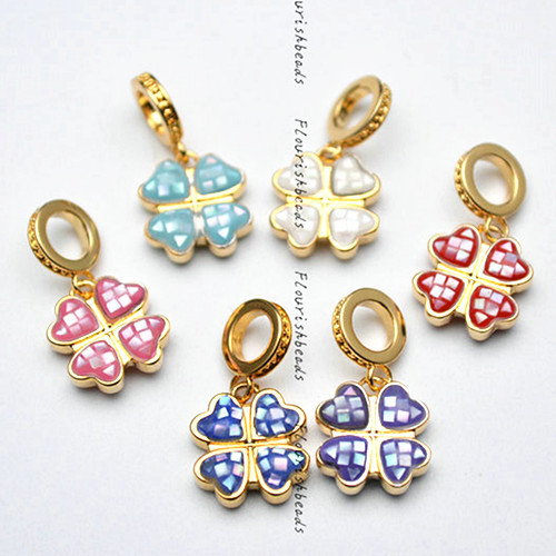 CZ Beads Paved Gold plating Various color Natural Shell Flour Leaf Clover Charms fit Bracelets Necklace making Jewelry Accessories
