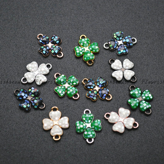 One Loop Gold plating Various color Natural Shell Flour Leaf Clover Charms fit Bracelets making Jewelry Findings