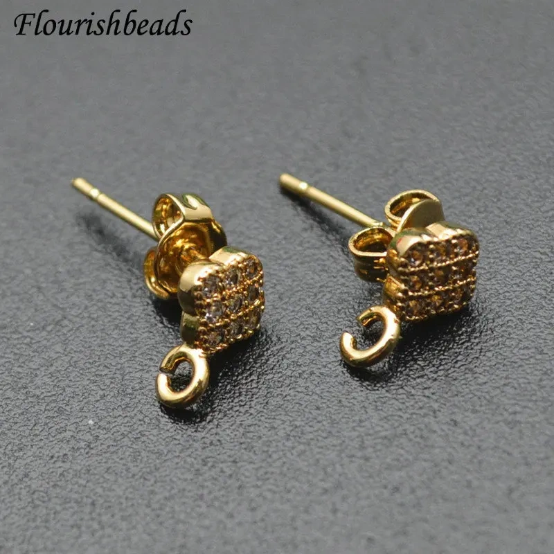 30pc Stud Earring Hooks Small Size Micro-paved CZ Plum Blossom Shape Pins Clasps Jewelry Making Supplies