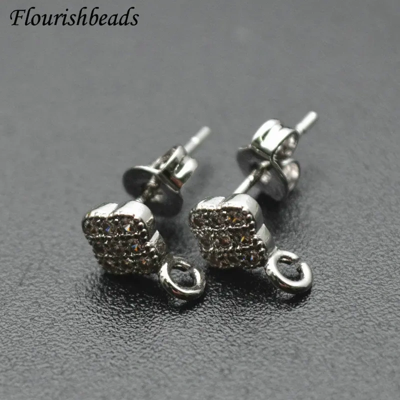 30pc Stud Earring Hooks Small Size Micro-paved CZ Plum Blossom Shape Pins Clasps Jewelry Making Supplies