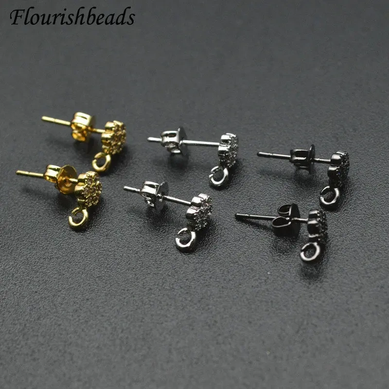 30pc Small Size High Quality Cubic Zircon Paved Flower Shape Stud Earring Hook Clasps Jewelry Making Supplies