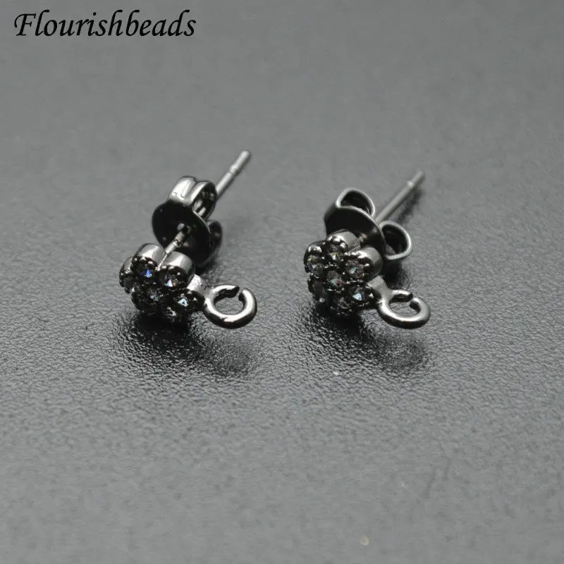 30pc Small Size High Quality Cubic Zircon Paved Flower Shape Stud Earring Hook Clasps Jewelry Making Supplies