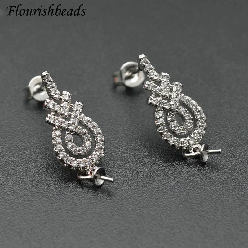 CZ Paved Drop Shape Pin Style Stud Earring Hooks Clasps Fit Half Hole Pearl Stone Beads Dangle Earrings Making Jewelry Findings