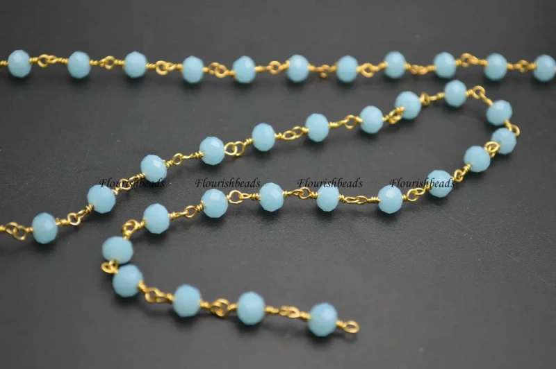 10 Meters Anti-Rust Gold Color Wire Linked 2X4mm / 4x6mm Faceted Opacity Light Blue Color Glass Rondelle Beads Chains