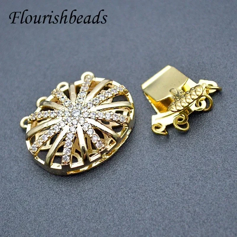 1pc Jewelry Findings Paved Big CZ Beads 18K Gold Color Brass Box Clasps 6 Hole Connector for DIY Pearl Necklace Making