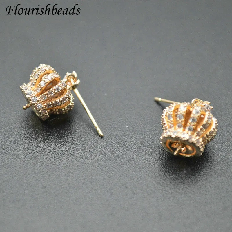 Delicate Real Gold Plating Crown Ear Stud Rhinestone Earring Connector with Pin DIY Earrings Jewelry Making Components 30pcs