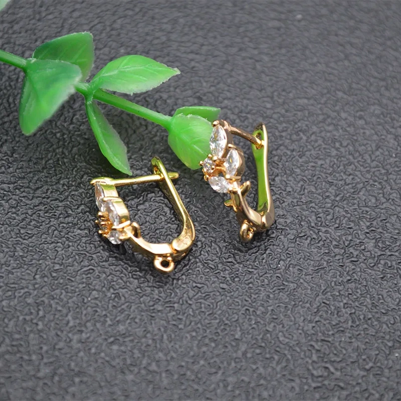 Nickel Free Gold Plating  Paved CZ Beads Leaf Shape Earring Hooks for DIY Jewelry Making 30pcs/lot