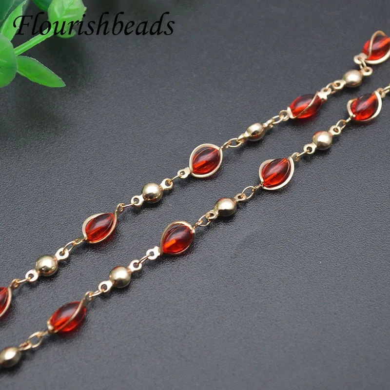 10 Mette High Quality Gold Color White Red Glass Beads Link Chains Beads Chains DIY Necklace Bracelet Accessories