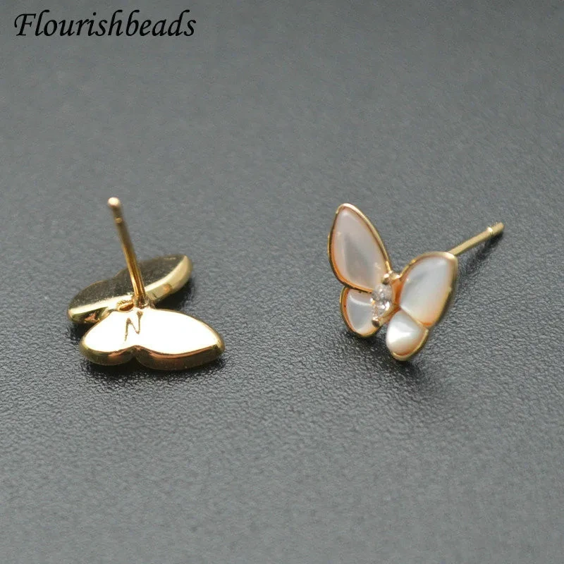 New Design Natural Shell Butterfly Shape Metal Ear Stud Brass Jewelry Findings Gold Color Earrings Craft Making Components 20pcs