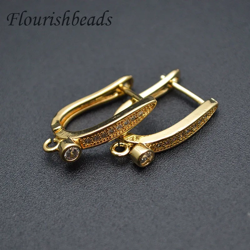 High Quality Nickle Free Anti-rust  CZ Beads Paved Gold Plating Earring Hooks DIY for Jewelry Making Supplies 20pc Per Lot