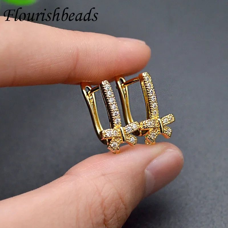 20pc Nickle Free Zircon CZ Beads Paved Gold Plating Earring Hooks Bow Tie Shape DIY for Jewelry Making Supplies