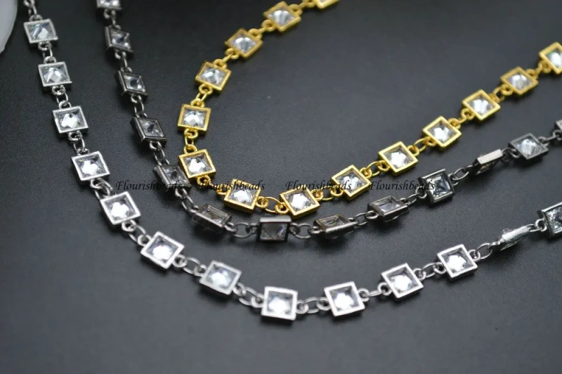 10 Meters Clear Zircon 6mm Square Shape Anti-rust Wire Linked Necklace Chains Jewelry (Gold / Rhodium / Gun Metal color)