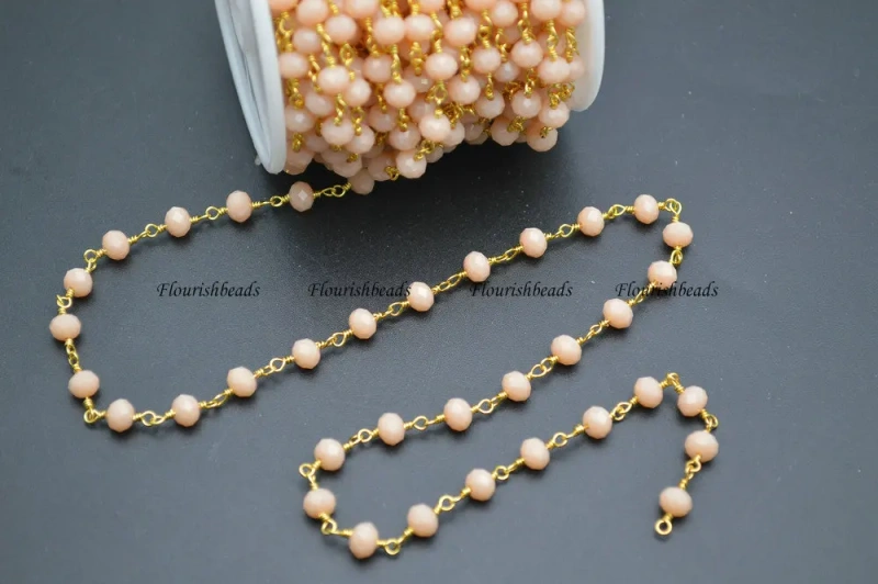 10 Meters Anti-Rust Gold Color Wire Linked 2X4mm / 4x6mm Faceted Beige Color Glass Rondelle Beads Chains