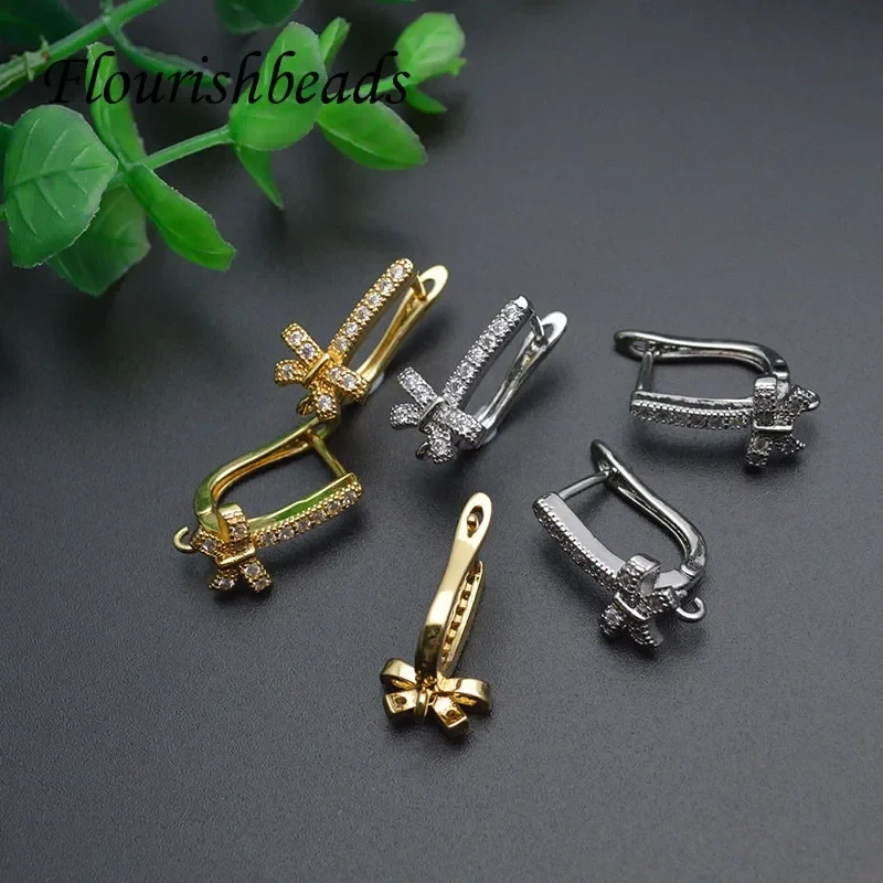 20pc Nickle Free Zircon CZ Beads Paved Gold Plating Earring Hooks Bow Tie Shape DIY for Jewelry Making Supplies