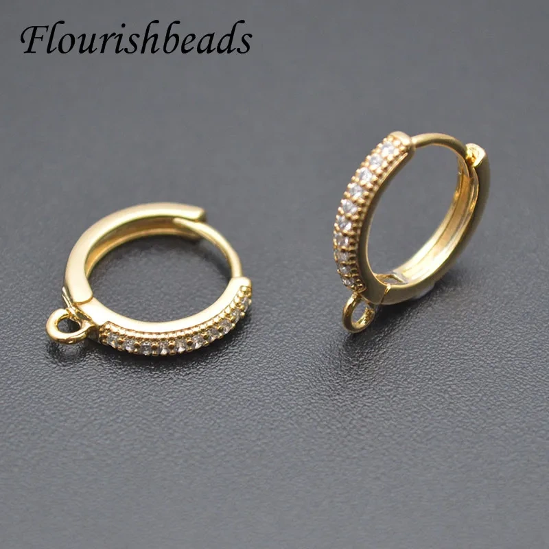 100pcs Real Gold Plating CZ Beads Paved Round Shape Earring Hooks 14x16mm for Jewelry Making Supplier