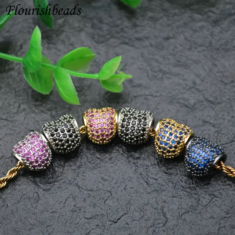 10x10mm High Quality Paved Colorful CZ Zircon 4mm Bigh Hole Cute Heart Shape Metal Beads DIY Fashion Jewelry Findings 5pc/lot