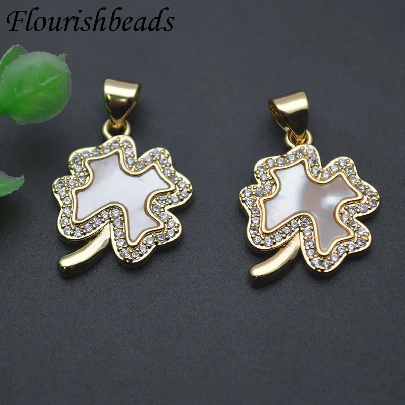 Jewelry Findings Accessories Supplies Gold Plated CZ Beads Paved Leaf Pendant Charms for Women DIY Necklace
